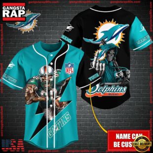 Custom Name NFL Miami Dolphins Mascot And Skull Baseball Jersey