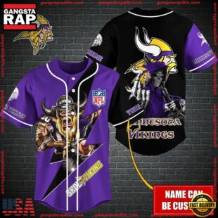 Custom Name NFL Minnesota Vikings Mascot And Skull Baseball Jersey