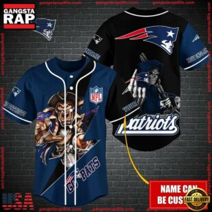 Custom Name NFL New England Patriots Mascot And Skull Baseball Jersey