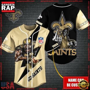 Custom Name NFL New Orleans Saints Mascot And Skull Baseball Jersey