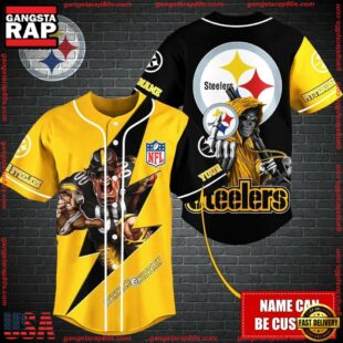 Custom Name NFL Pittsburgh Steelers Mascot And Skull Baseball Jersey