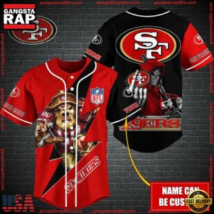 Custom Name NFL San Francisco 49ers Mascot And Skull Baseball Jersey