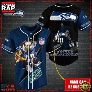 Custom Name NFL Seattle Seahawks Mascot And Skull Baseball Jersey