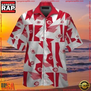 MLB Abstract Red Fanfare Cincinnati Reds Hawaiian ButtonUp ShirtGroup