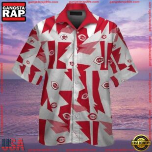 MLB Abstract Red Fanfare Cincinnati Reds Hawaiian ButtonUp ShirtGroup