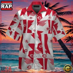 MLB Abstract Red Fanfare Cincinnati Reds Hawaiian ButtonUp ShirtGroup