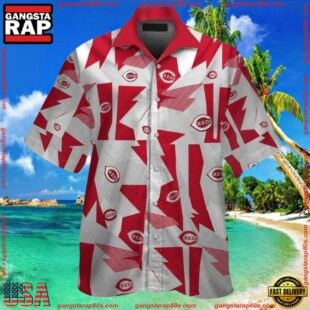 MLB Abstract Red Fanfare Cincinnati Reds Hawaiian ButtonUp ShirtGroup