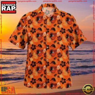 MLB Baltimore Orioles Casual Orange Hibiscus Hawaiian Shirt