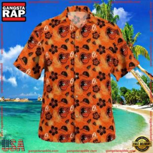 MLB Baltimore Orioles Casual Orange Hibiscus Hawaiian Shirt