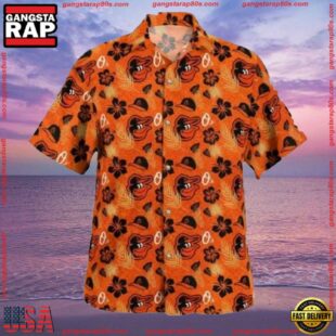 MLB Baltimore Orioles Casual Orange Hibiscus Hawaiian Shirt