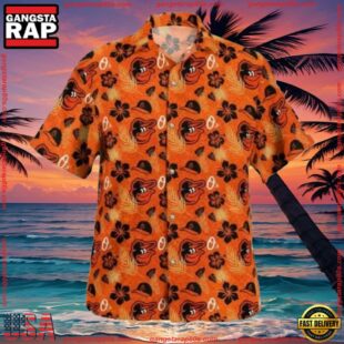 MLB Baltimore Orioles Casual Orange Hibiscus Hawaiian Shirt