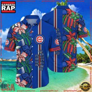 MLB Chicago Cubs Botanical Pitch Hawaiian Shirt - Vibrant Flora And Stripes