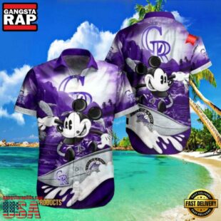 MLB Colorado Rockies Aloha Shirt Featuring Mickey Mouse Riding Waves