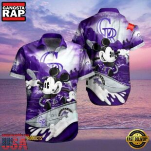 MLB Colorado Rockies Aloha Shirt Featuring Mickey Mouse Riding Waves