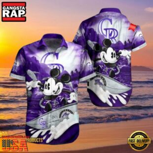 MLB Colorado Rockies Aloha Shirt Featuring Mickey Mouse Riding Waves