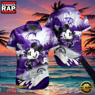 MLB Colorado Rockies Aloha Shirt Featuring Mickey Mouse Riding Waves