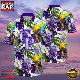 MLB Colorado Rockies Regal Purple Parrot And Palm Hawaiian Shirt