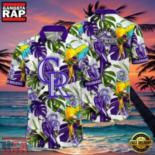 MLB Colorado Rockies Regal Purple Parrot And Palm Hawaiian Shirt