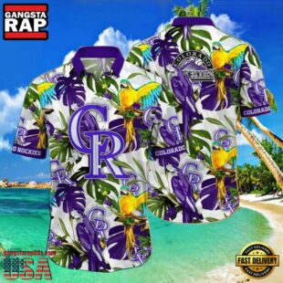 MLB Colorado Rockies Regal Purple Parrot And Palm Hawaiian Shirt