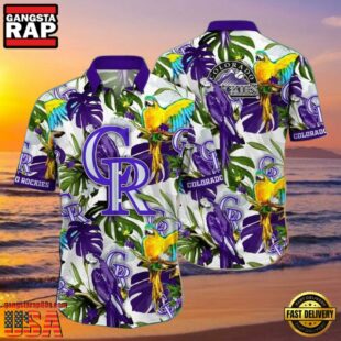 MLB Colorado Rockies Regal Purple Parrot And Palm Hawaiian Shirt