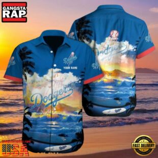 MLB Dodgers Sunset Palms Customizable Hawaiian Shirt