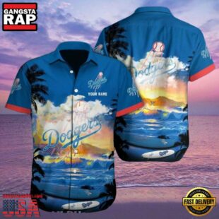 MLB Dodgers Sunset Palms Customizable Hawaiian Shirt