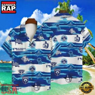 MLB Dodgers Wave Runner Blue Striped Hawaiian Shirt