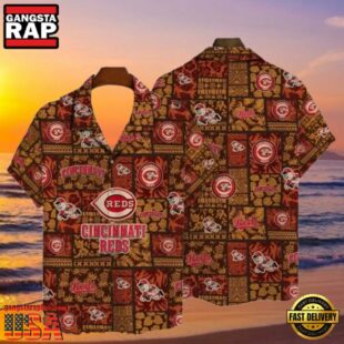 MLB Heritage Patchwork Cincinnati Reds Tropical Aloha Hawaiian Shirt