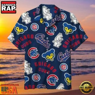 MLB Iconic Chicago Cubs Emblems Navy Aloha Hawaiian Shirt Chicago Cubs Aloha Wear