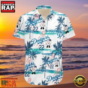 MLB LA Dodgers Classic Stripe And Palms Aloha Shirt Pristine Beach Vibe