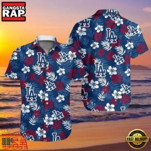 MLB LA Dodgers Floral Emblem Aloha Shirt Classic Red And Blue