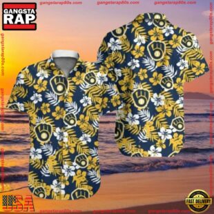 MLB Nautical Navy Milwaukee Brewers Tropical Floral Summer Hawaiian Shirt