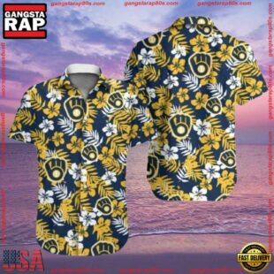 MLB Nautical Navy Milwaukee Brewers Tropical Floral Summer Hawaiian Shirt