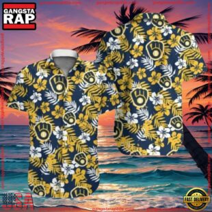 MLB Nautical Navy Milwaukee Brewers Tropical Floral Summer Hawaiian Shirt