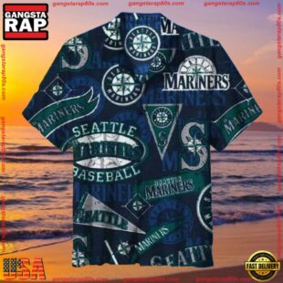 MLB Seattle Mariners Team Logo Navy Aloha Shirt