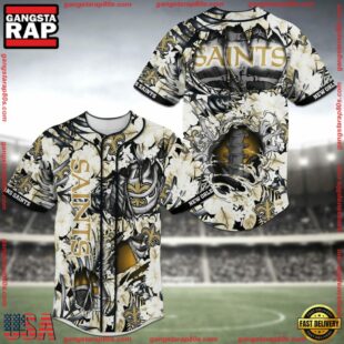 New Orleans Saints NFL Flower Skeleton Baseball Jersey Shirt