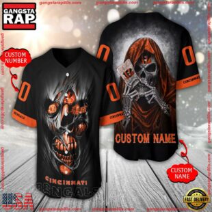 Personalized Name And Number Cincinnati Bengals NFL Team Skull Death Baseball Jersey Shirt