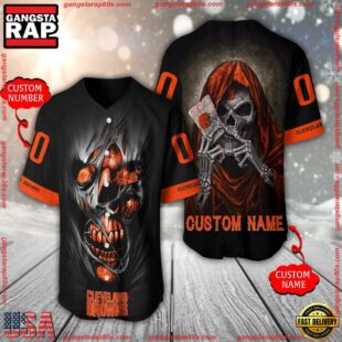 Personalized Name And Number Cleveland Browns NFL Team Skull Death Baseball Jersey Shirt