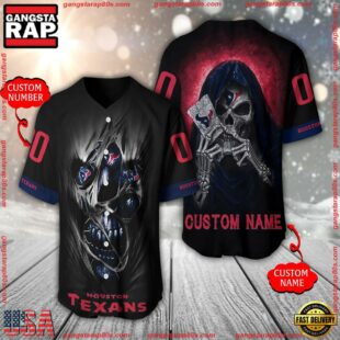 Personalized Name And Number Houston Texans NFL Team Skull Death Baseball Jersey Shirt