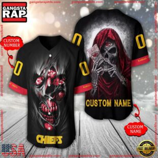 Personalized Name And Number Kansas City Chiefs NFL Team Skull Death Baseball Jersey Shirt