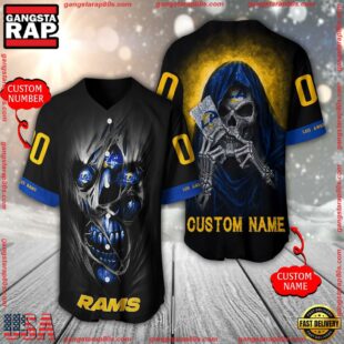 Personalized Name And Number Los Angeles Rams NFL Team Skull Death Baseball Jersey Shirt