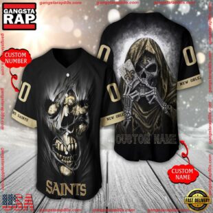 Personalized Name And Number New Orleans Saints NFL Team Skull Death Baseball Jersey Shirt