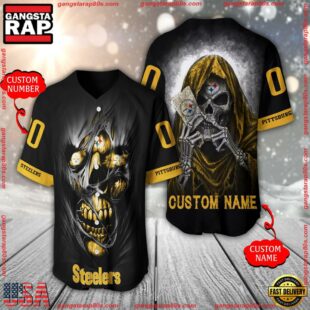 Personalized Name And Number Pittsburgh Steelers NFL Team Skull Death Baseball Jersey Shirt